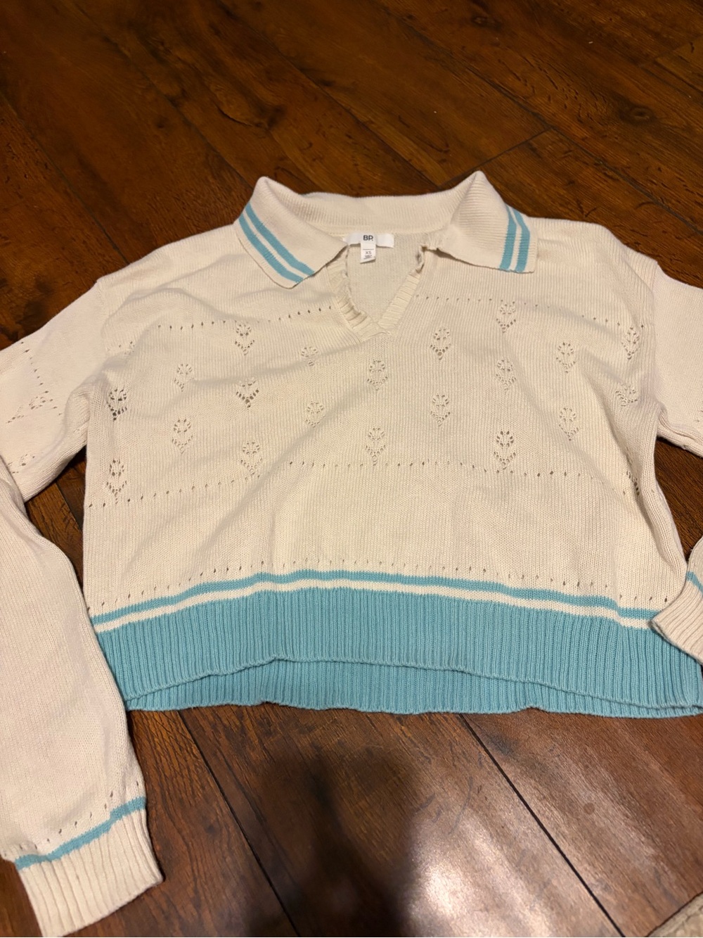 bp Cream Polo Sweater with Light Blue Stripe Trim, cropped style - XS